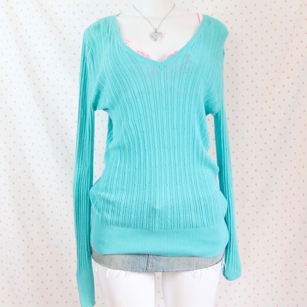 turquoise blue knit sweater y2k 2000s fitted v neck fairycore coquette